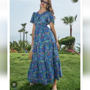 Sugarlips Blue Floral Smocked Maxi Dress